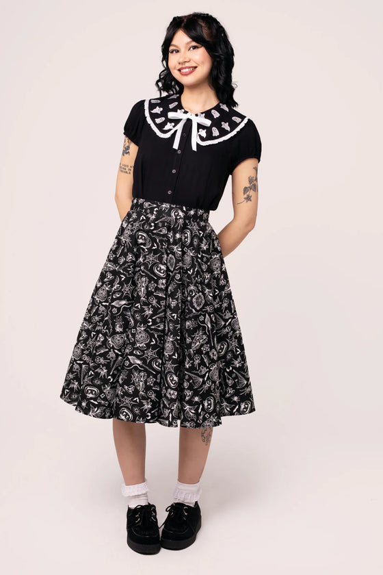Hell Bunny Phantomette Blouse with Embroidered Ghost Collar Halloween
