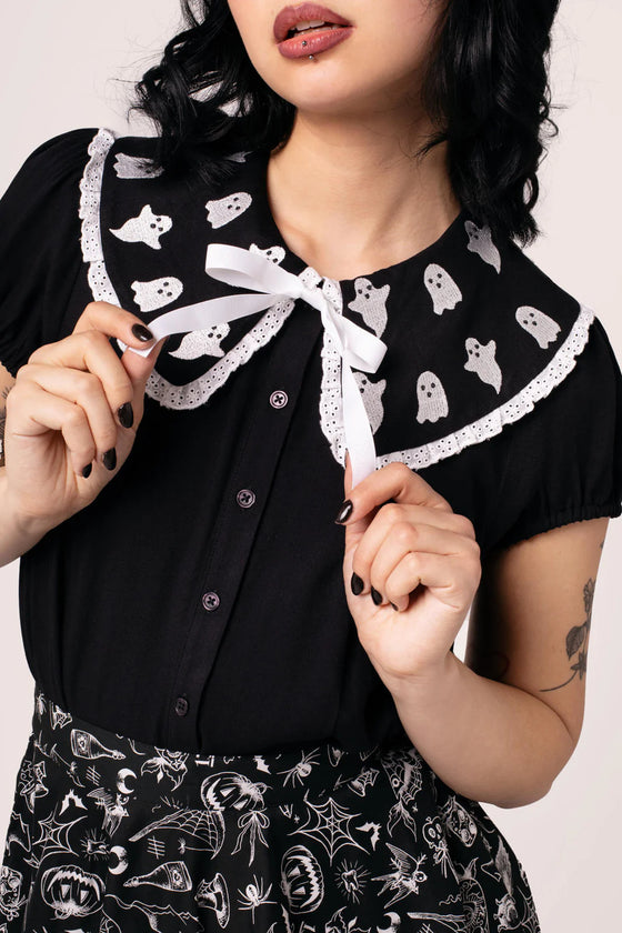 Hell Bunny Phantomette Blouse with Embroidered Ghost Collar Halloween