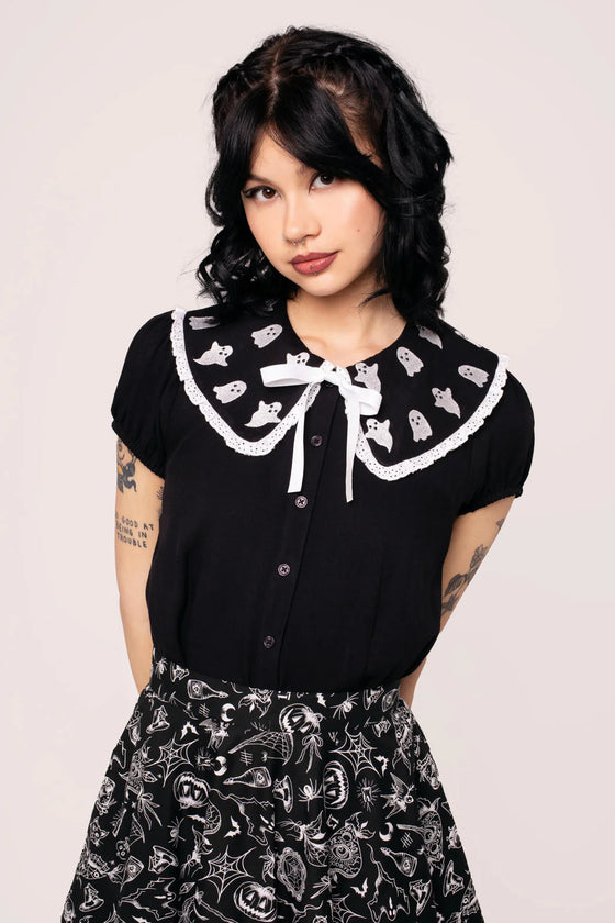 Hell Bunny Phantomette Blouse with Embroidered Ghost Collar Halloween