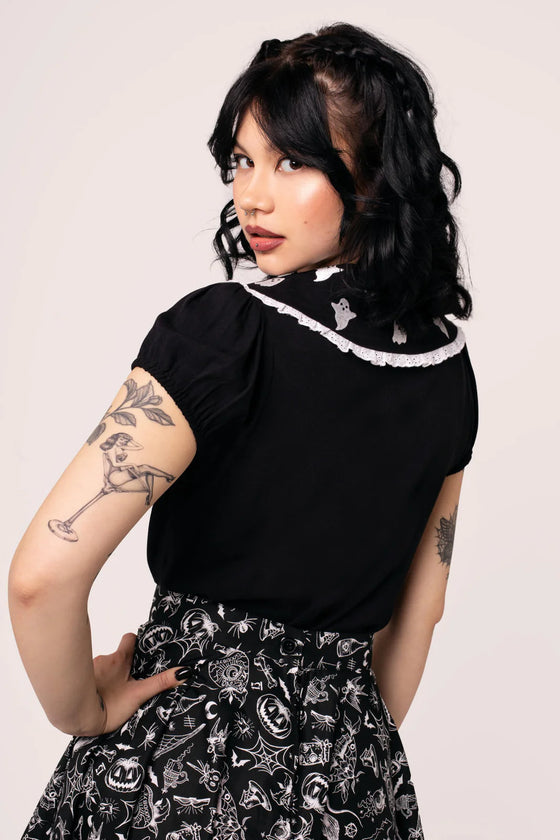 Hell Bunny Phantomette Blouse with Embroidered Ghost Collar Halloween