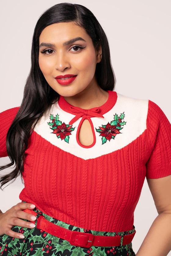 Hell Bunny Poinsettia Knit Top with Embroidered Detailing Christmas -  Pre-order Estimated dispatch 29 August 2025