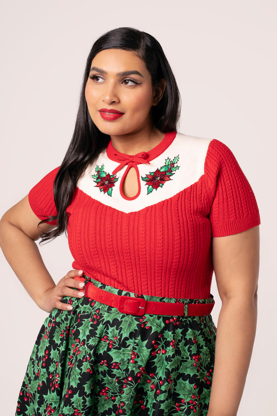 Hell Bunny Poinsettia Knit Top with Embroidered Detailing Christmas -  Pre-order Estimated dispatch 29 August 2025