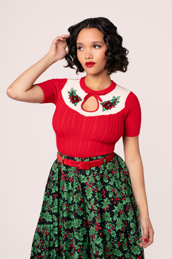 Hell Bunny Poinsettia Knit Top with Embroidered Detailing Christmas -  Pre-order Estimated dispatch 29 August 2025