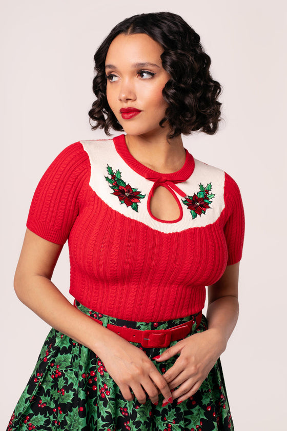 Hell Bunny Poinsettia Knit Top with Embroidered Detailing Christmas -  Pre-order Estimated dispatch 29 August 2025