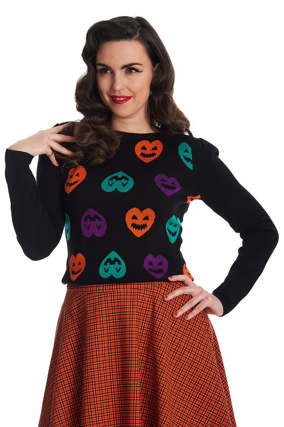 Banned Halloween Hearts Top in Black Knitted Jack-o-Lantern