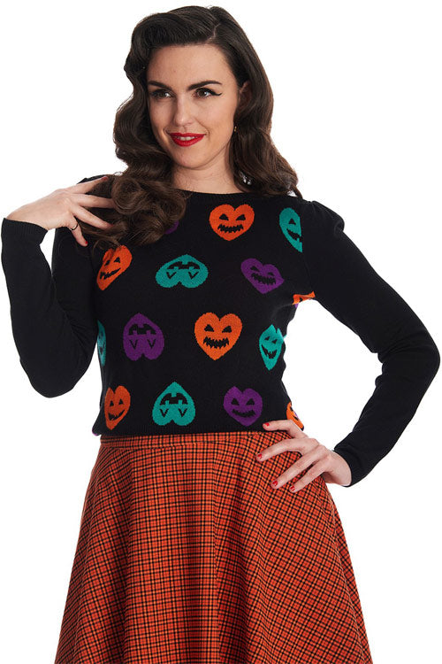 Banned Retro Halloween Hearts Top Jumper in Black Knitted Jack-o-Lantern