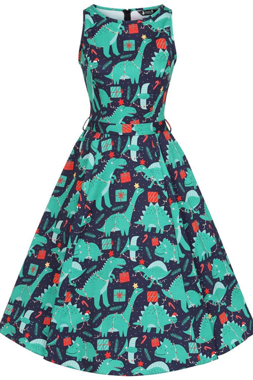 Lady Vintage Hepburn Dress in Dino Xmas Print Christmas