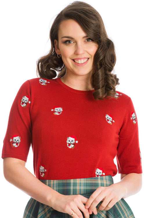 Banned Holly Cat Top in Red Christmas