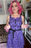 Retrolicious Ida Knee Swing Dress in Scaredy Cat Print Purple and Polkadot