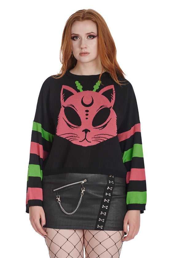 Banned Alternative Alien Space Cat Jumper in Black Knitted Stripe Sleeves