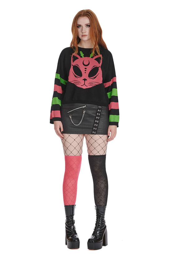Banned Alternative Alien Space Cat Jumper in Black Knitted Stripe Sleeves
