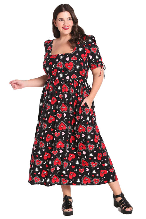 Hell Bunny Kate Heart Dress Maxi Funky Heart and Eye Print