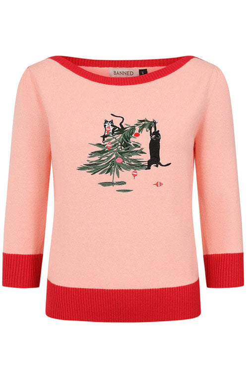 Banned Retro Kiki Purrfect Christmas Knit Jumper in Pink Christmas