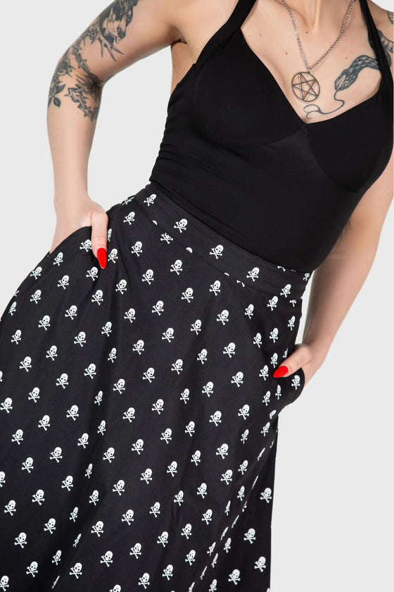 Killstar Lay Dead Midi Skirt Skull and Crossbones Gothabilly