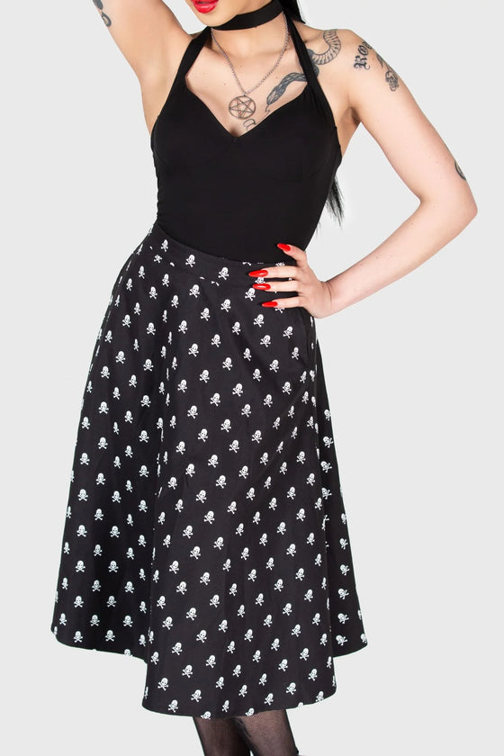 Killstar Lay Dead Midi Skirt Skull and Crossbones Gothabilly