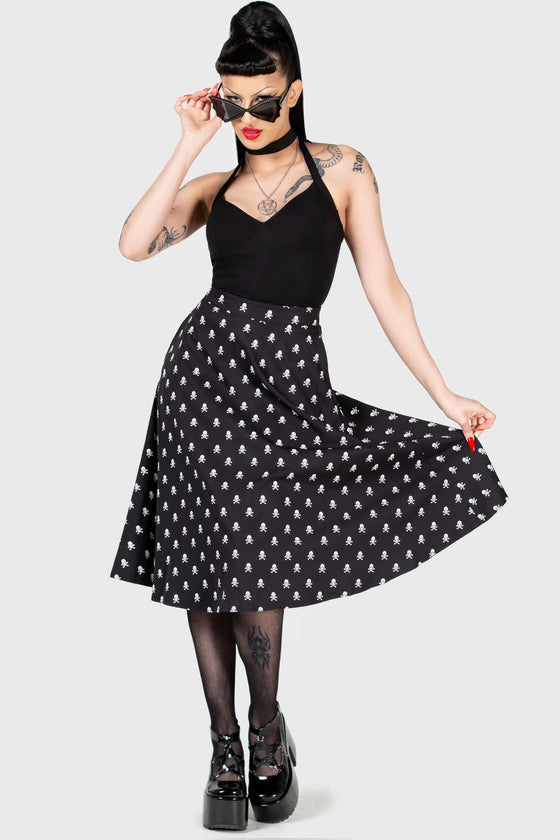 Killstar Lay Dead Midi Skirt Skull and Crossbones Gothabilly