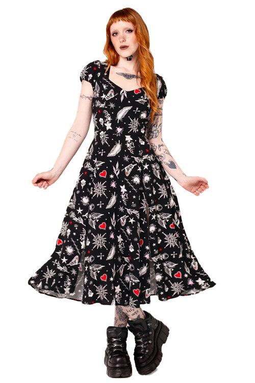 hell bunny maxi dress Hell Bunny Leah Midi Maxi Dress with Tattoo Inspired Print – Kitty Deluxe