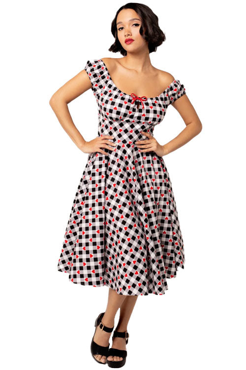 Hell Bunny Leonie Midi Dress Black and White Gingham with Red Hearts