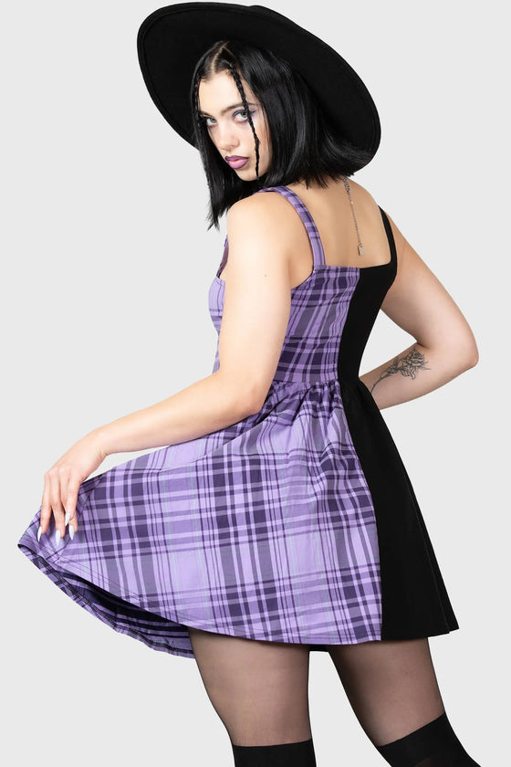 Killstar Marie Zip Dress Purple Tartan Half Half Design