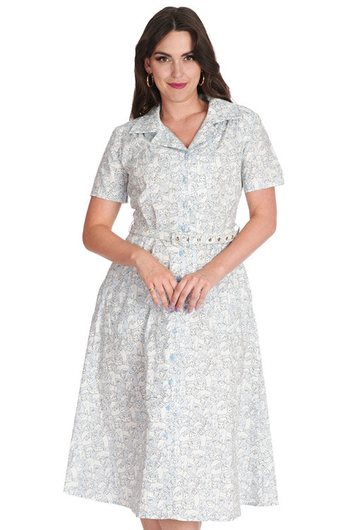 Banned Mieow Shirt Dress with Belt in Light Blue Cat Print