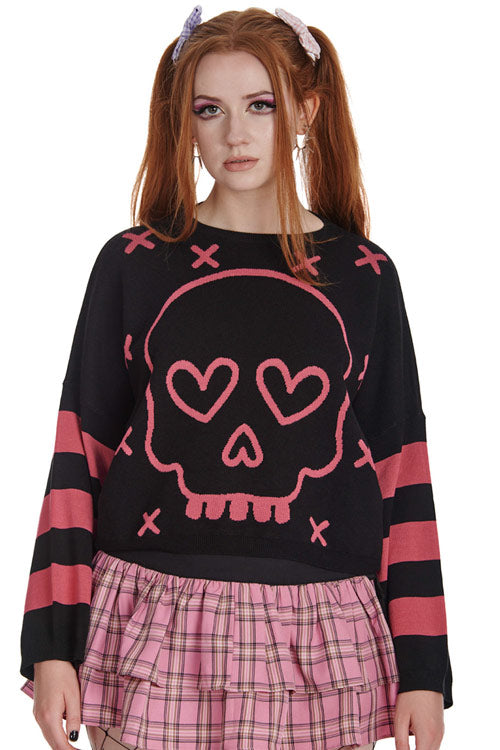 Banned Miki Skull Jumper in Black and Pink Knitted Stripe Sleeves