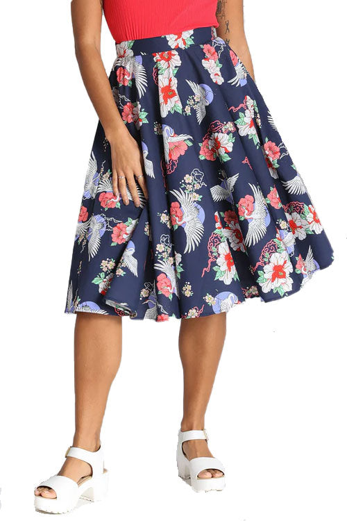 Hell Bunny Misa Circle Skirt with Crane Floral Design