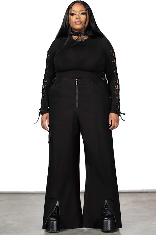 Killstar Moray High Waist Wide Leg Cargo Trousers in Black with Zips