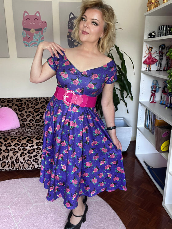 Dolly & Dotty Lily Swing Dress in Purple with Cat and Rose Print