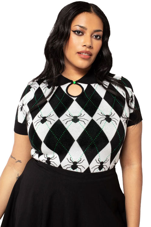 Hell Bunny Natasha Spider Top Knitted Jumper with Harlequin Design Halloween