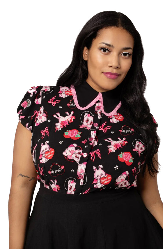 Hell Bunny Not Into You Blouse Demon Cat, Bunnies and Unicorns Print