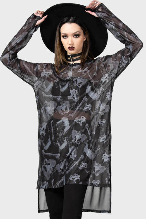 Killstar Ossuary Long Sleeve Micro Mesh Top Bone Print