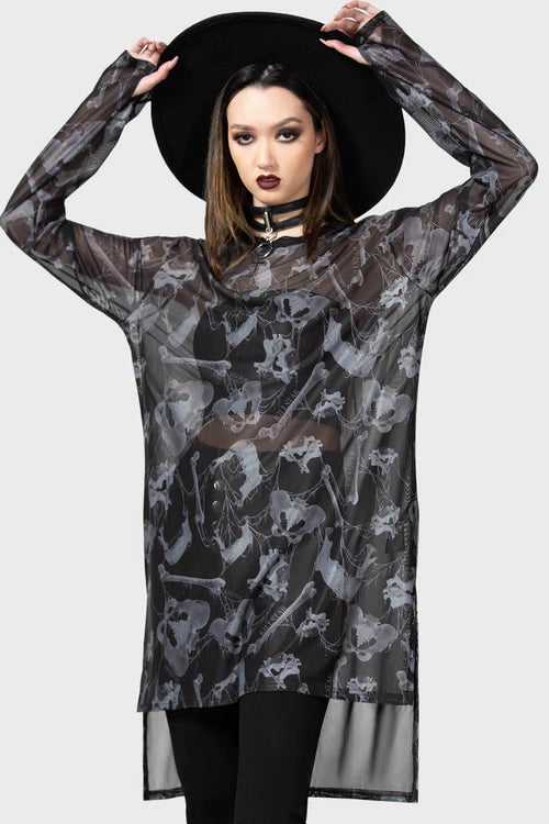 Killstar Ossuary Long Sleeve Micro Mesh Top Bone Print