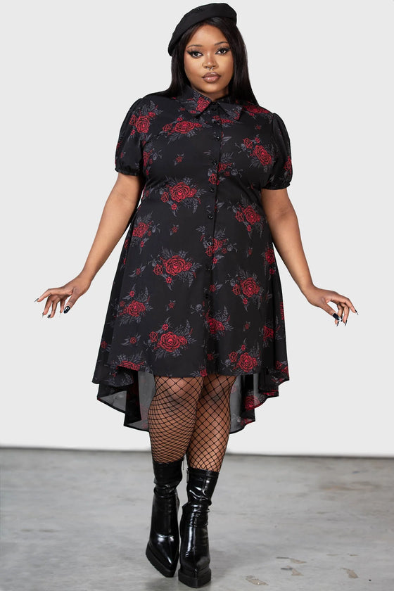 Killstar Pandoras Revenge Shirt Dress Hi-Lo Hem Roses and Skulls