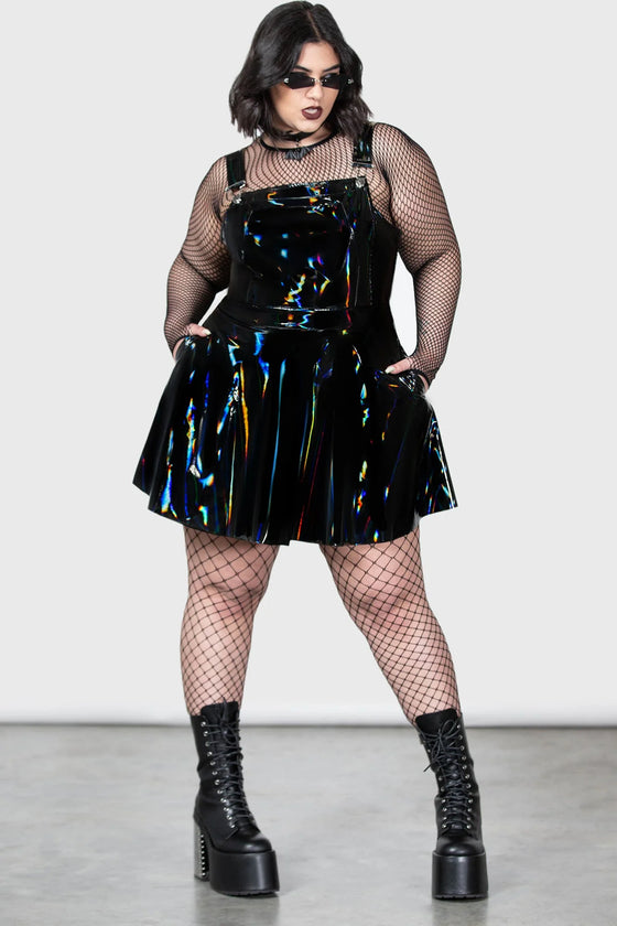 Killstar Paryce Alive Pinafore Shiny Oil Slick Fabric Wet Look PU