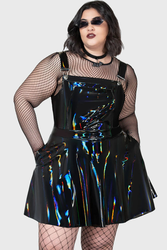 Killstar Paryce Alive Pinafore Shiny Oil Slick Fabric Wet Look PU