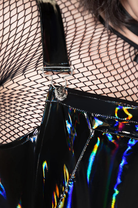 Killstar Paryce Alive Pinafore Shiny Oil Slick Fabric Wet Look PU
