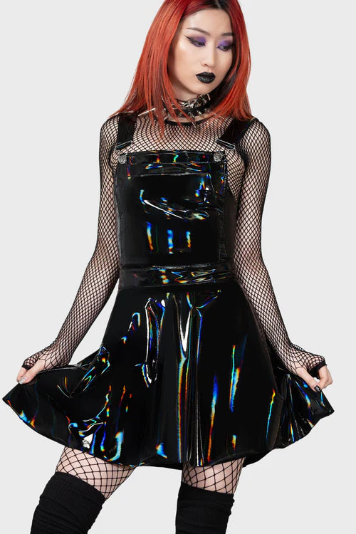 Killstar Paryce Alive Pinafore Shiny Oil Slick Fabric Wet Look PU