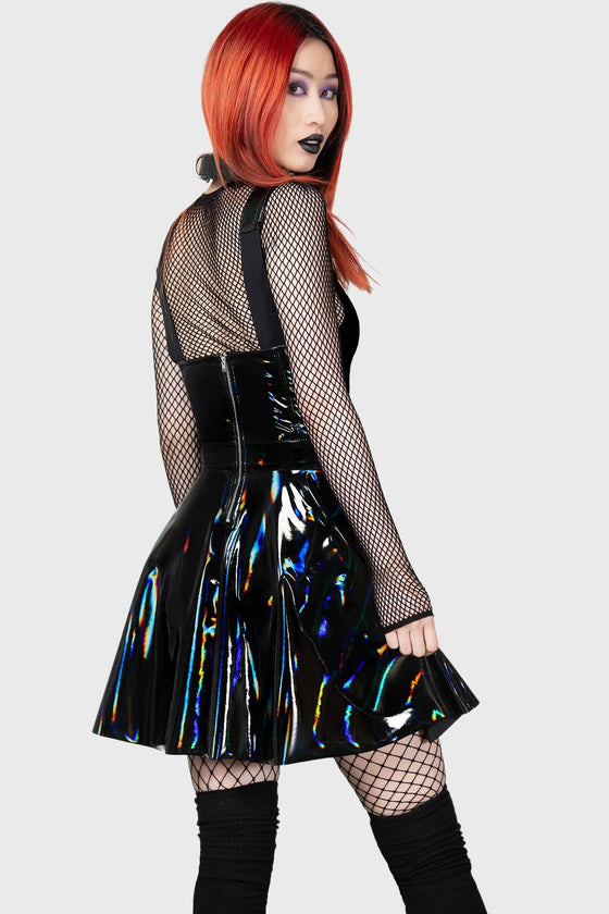 Killstar Paryce Alive Pinafore Shiny Oil Slick Fabric Wet Look PU