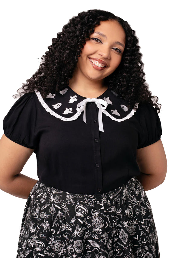 Hell Bunny Phantomette Blouse with Embroidered Ghost Collar Halloween