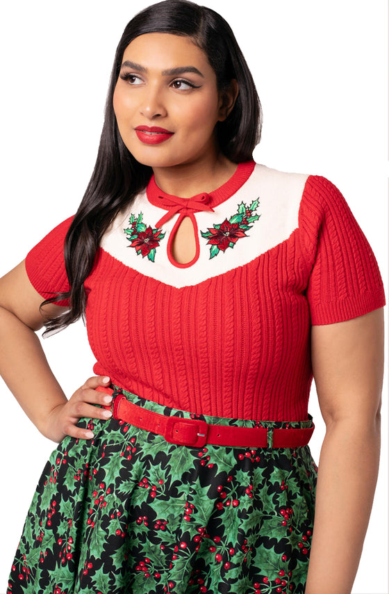 Hell Bunny Poinsettia Knit Top with Embroidered Detailing Christmas -  Pre-order Estimated dispatch 29 August 2025