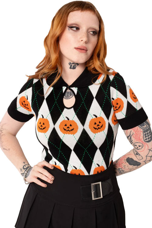 Hell Bunny Pumpkin Head Top Knitted Jumper with Harlequin Design Halloween