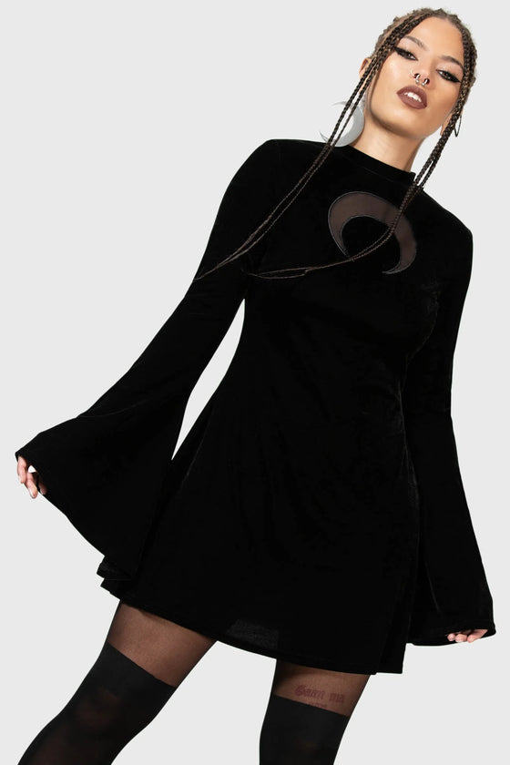 Killstar Reap Dress Velvet Bell Sleeves Crescent Moon Cut-out