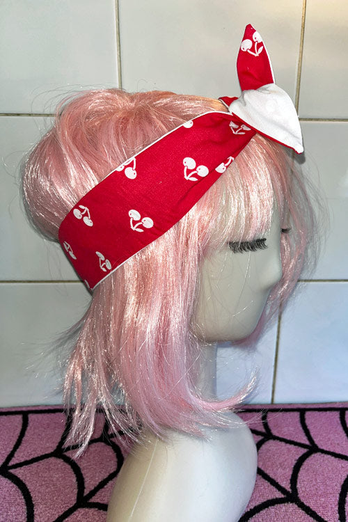 Reversible Wired Headband in Red Cherry Print & White