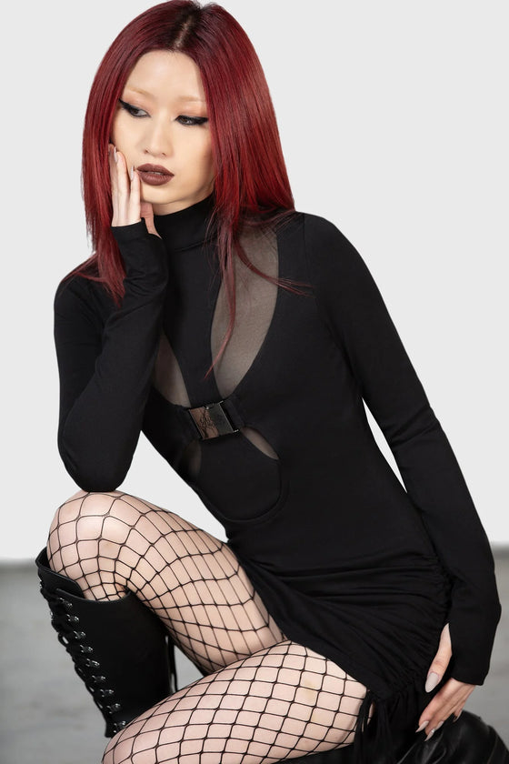 Killstar Shadows Dress with Mesh and Buckle Detail Bodycon Cybergoth