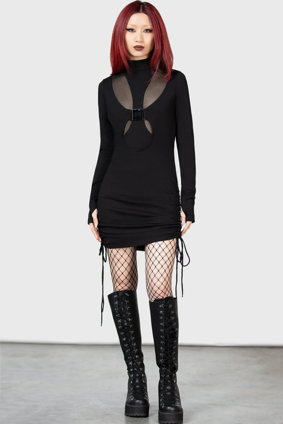 Killstar Shadows Dress with Mesh and Buckle Detail Bodycon Cybergoth