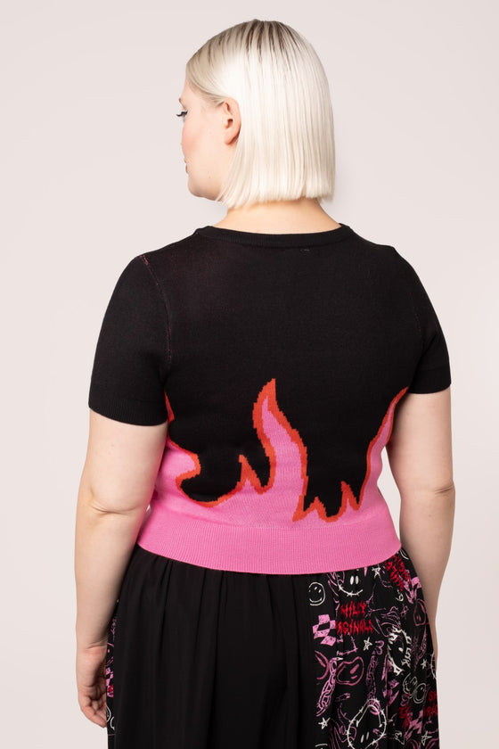 Hell Bunny Dylan Top Knit Jumper with Flame Design Smiley Collab