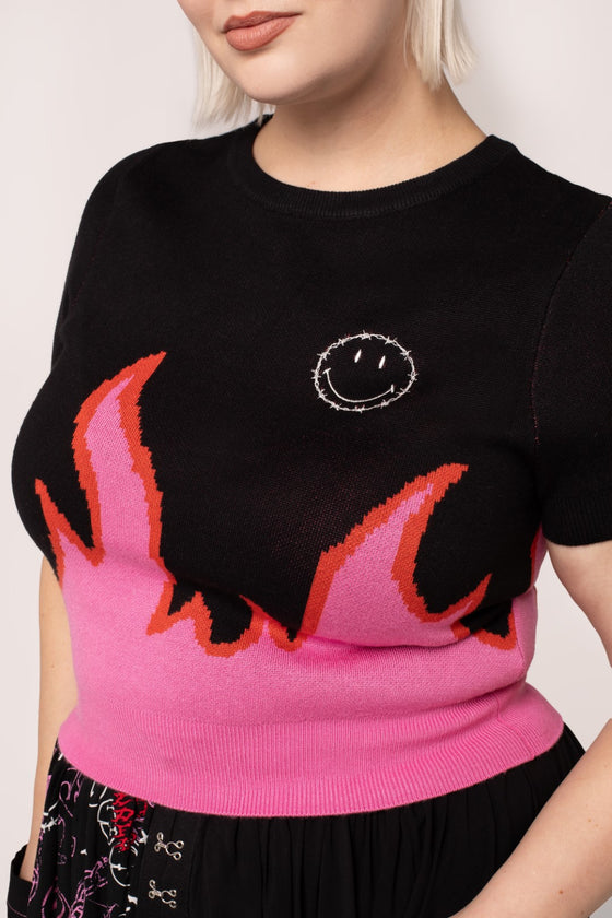 Hell Bunny Dylan Top Knit Jumper with Flame Design Smiley Collab