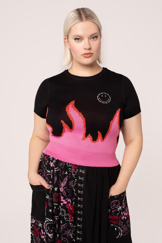 Hell Bunny Dylan Top Knit Jumper with Flame Design Smiley Collab