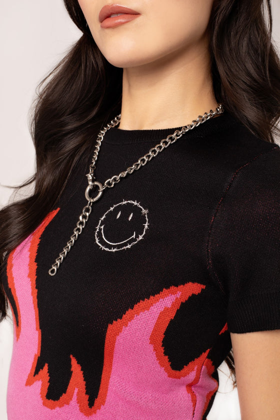 Hell Bunny Dylan Top Knit Jumper with Flame Design Smiley Collab