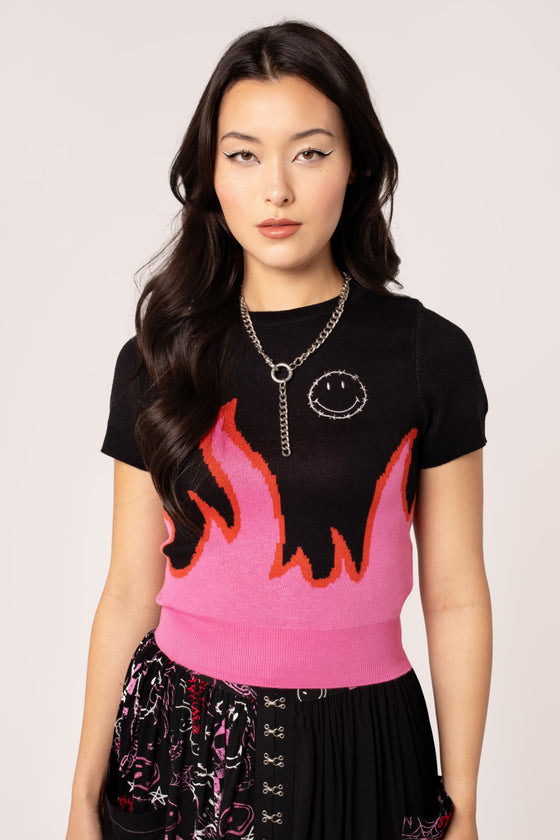 Hell Bunny Dylan Top Knit Jumper with Flame Design Smiley Collab